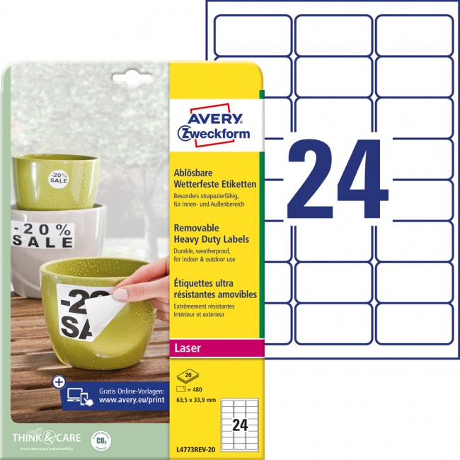 Etikety polyesterové veľmi odolné 63,5x33,9mm Avery A4 biele odnímateľné 20 hárkov
