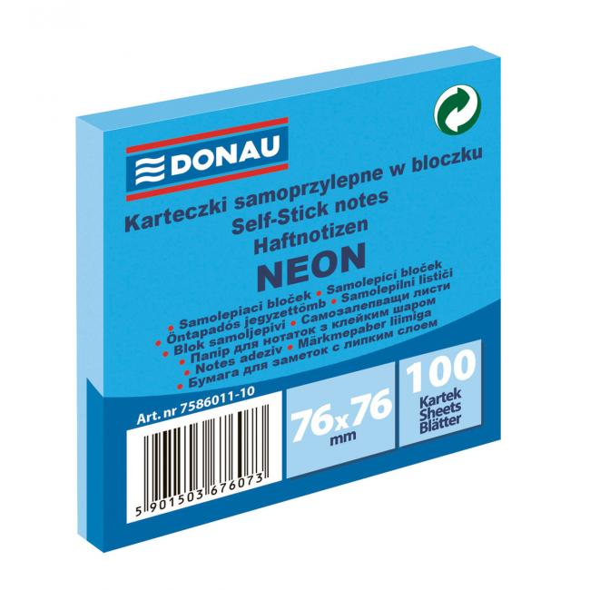 Bloček Donau neónový, 76 x 76 mm, modrý, 100 lístkov