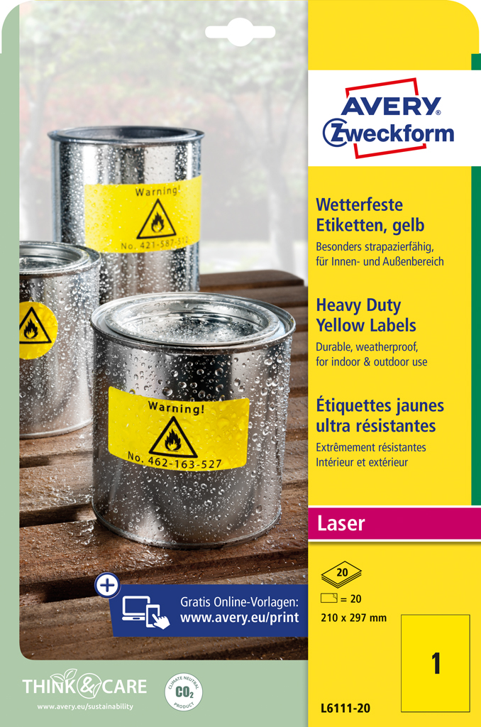 Etikety polyesterové veľmi odolné 210x297mm Avery A4 žlté 20 hárkov – Obrázok 8